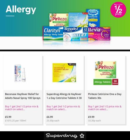 Pharmacy, Perfume & Beauty offers | Buy 1 Get 2nd 1/2 Price On Allergy & Hayfever in Superdrug | 19/05/2022 - 25/05/2022
