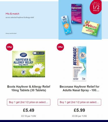 Boots catalogue in Leeds | Buy 1 get 2nd 1/2 price on selected hayfever and allergy relief | 06/05/2022 - 19/05/2022