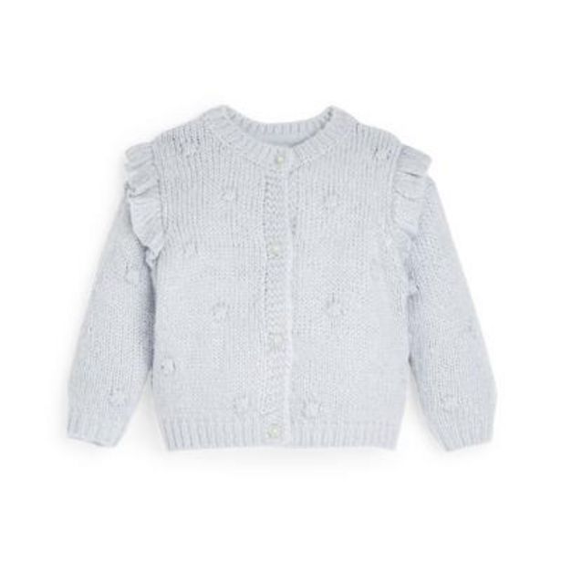 Baby Girl Silver Knit Frill Shoulder Pom Pom Cardigan offer at £7