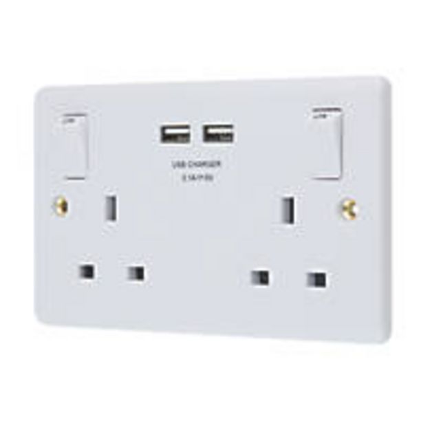 LAP  13A 2-Gang SP Switched Socket + 3.1A 2-Outlet Type A USB Charger White offers at £11.99 in Screwfix