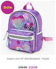 Claire's offer | Sale Sequin Love 10" Mini Backpack - Purple £15 | 15/05/2022 - 20/05/2022